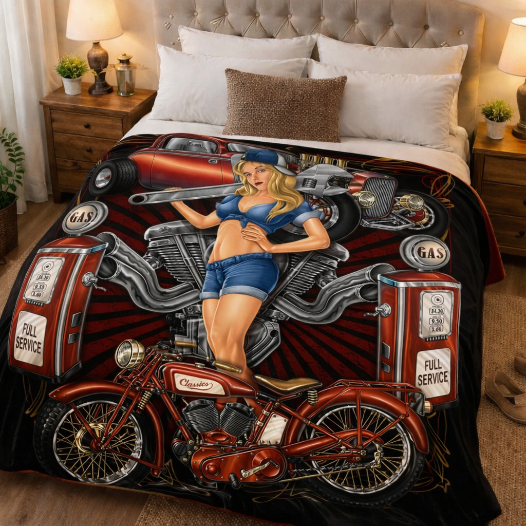 Plush Queen Hot Rod Blanket - Extremely Soft - Machine Washable - Garage Girl