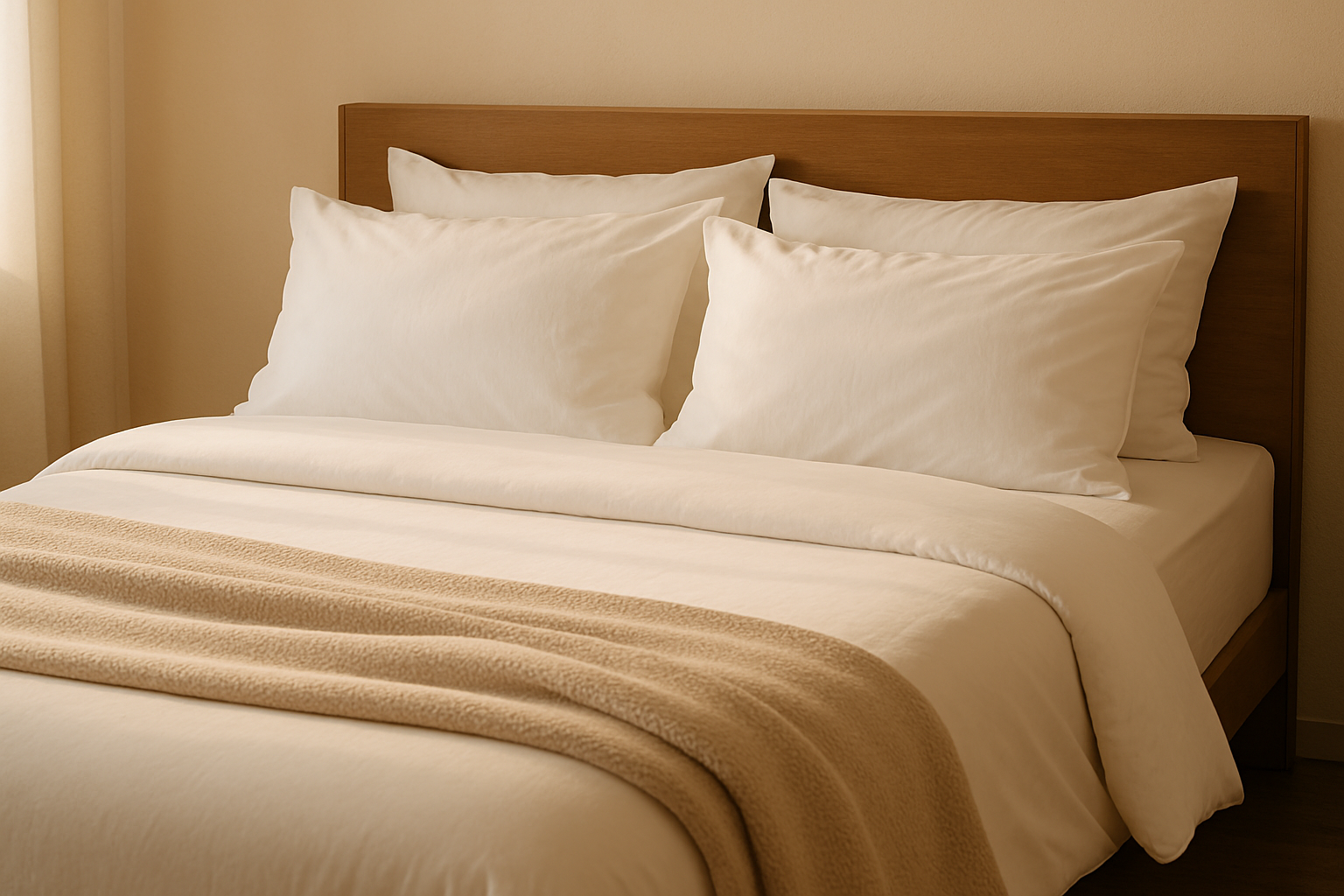 a bed made with sheets blanket and pillows